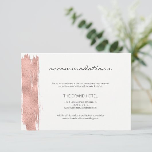 Moderne Roos Gold Brush Wedding Accommodation Kaar Informatiekaartje (Staand voorkant)