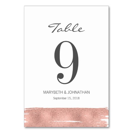 Moderne Roos Gold Brush Wedding Table Number Kaart (Voorkant)