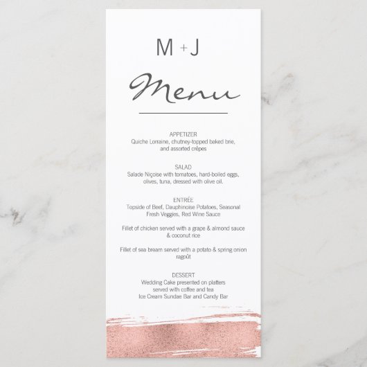 Moderne Roos Gold Brushstroke Wedding Menu Card (Voorkant)