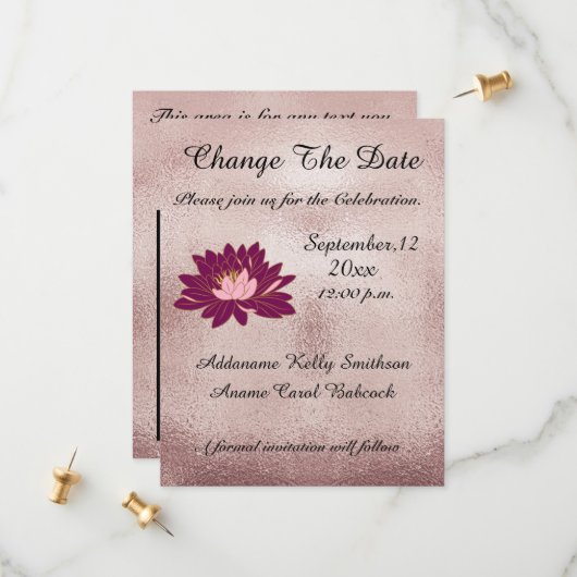 Moderne Roos Gold Burgundy Floral Elegant Change / Save The Date (Voorkant / Achterkant in situ)