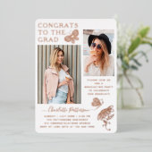 Moderne Roos Gold Butterfly Foto Graduparty Folie Uitnodiging (Staand Voorkant)