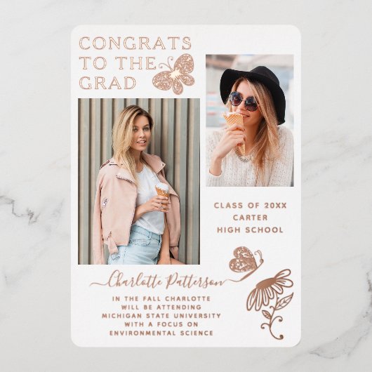 Moderne Roos Gold Butterfly Script Afstuderen Foto Folie Uitnodiging (Voorkant)