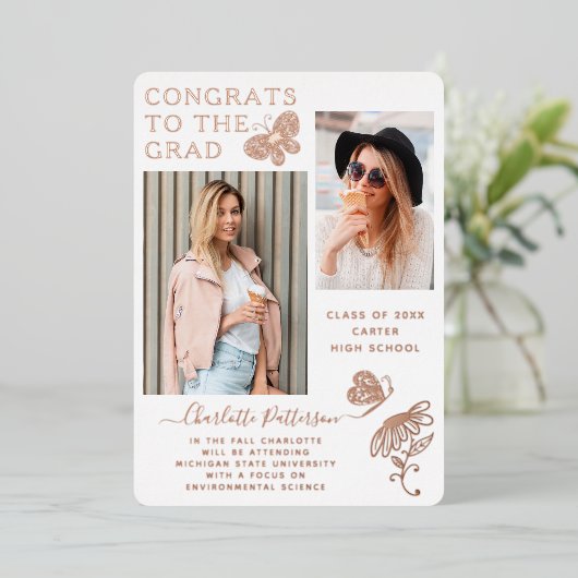 Moderne Roos Gold Butterfly Script Afstuderen Foto Folie Uitnodiging (Staand Voorkant)