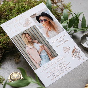 Moderne Roos Gold Butterfly Script Afstuderen Foto Folie Uitnodiging