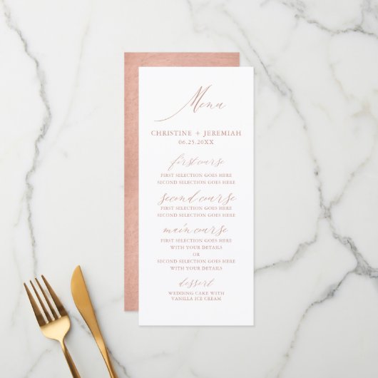 Moderne Roos Gold Calligraphy Metallic Wedding Men Menu (Voorkant / Achterkant in situ)