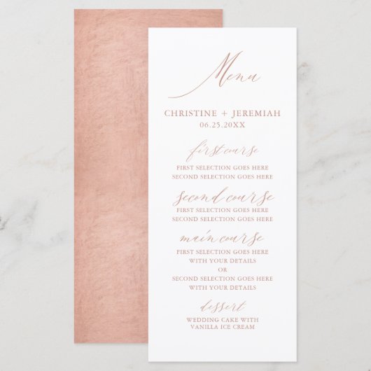 Moderne Roos Gold Calligraphy Metallic Wedding Men Menu (Voorkant / Achterkant)