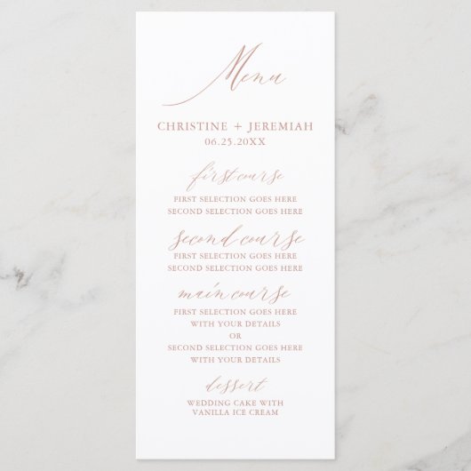 Moderne Roos Gold Calligraphy Metallic Wedding Men Menu (Voorkant)