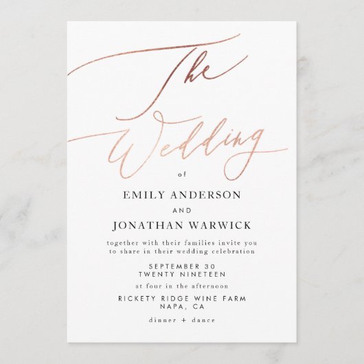 Moderne Roos Gold Calligraphy Wedding Invitation Kaart (Voorkant)