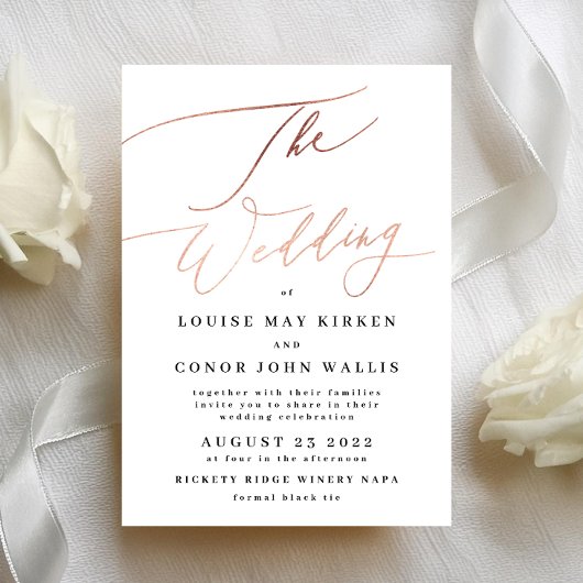 Moderne Roos Gold Calligraphy Wedding Invitation Kaart