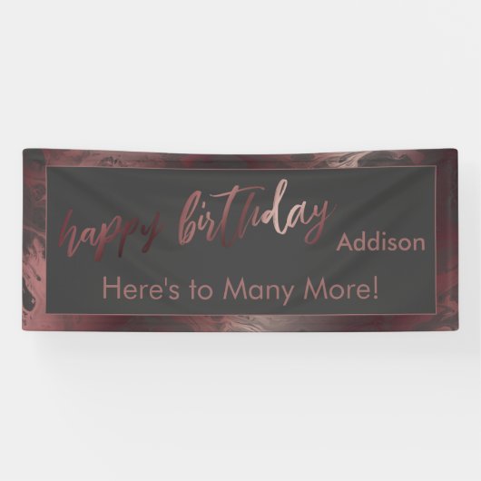 Moderne Roos Gold Dark Grey Marble Happy Birthday Spandoek (Horizontaal)