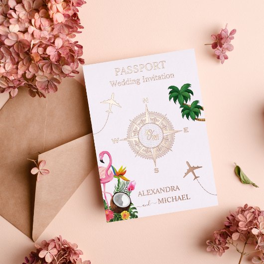 Moderne Roos Gold Destination Passport Wedding Folie Uitnodiging