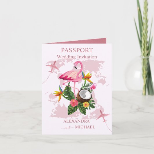 Moderne Roos Gold Destination Passport Wedding Inv (Voorkant)