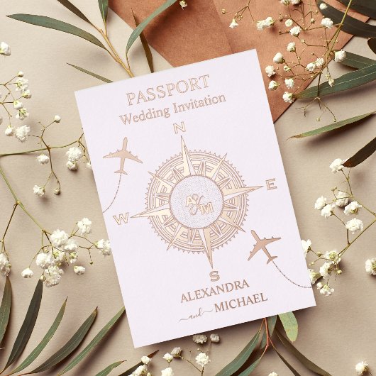 Moderne Roos Gold Destination Passport Wedding Inv Folie Uitnodiging