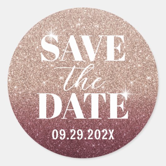Moderne Roos Gold en Bourgogne Glitter Save the Da Ronde Sticker (Voorkant)
