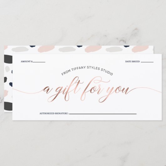 Moderne Roos Gold- en marinesblauwe cadeaubon (Voorkant / Achterkant)