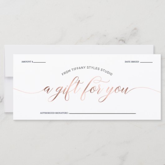 Moderne Roos Gold- en marinesblauwe cadeaubon (Voorkant)