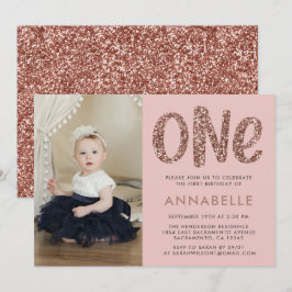 Moderne Roos Gold Faux Glitter First Birthday Foto Kaart