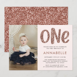 Moderne Roos Gold Faux Glitter First Birthday Foto Kaart