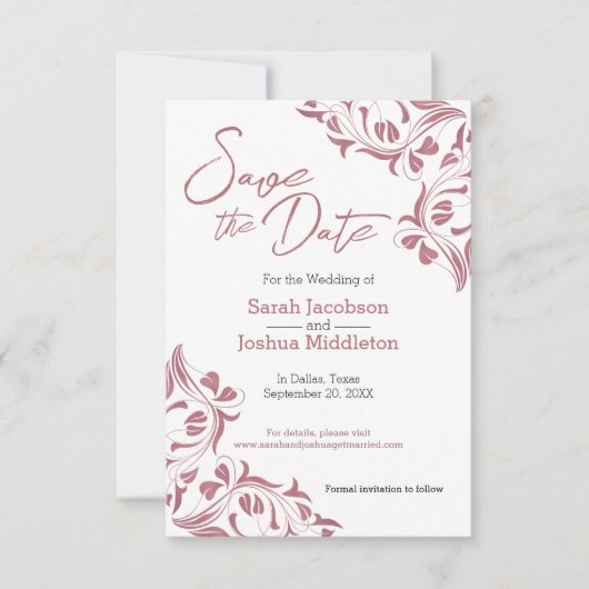 Moderne Roos Gold Floral bespaart de datum Save The Date (Voorkant)