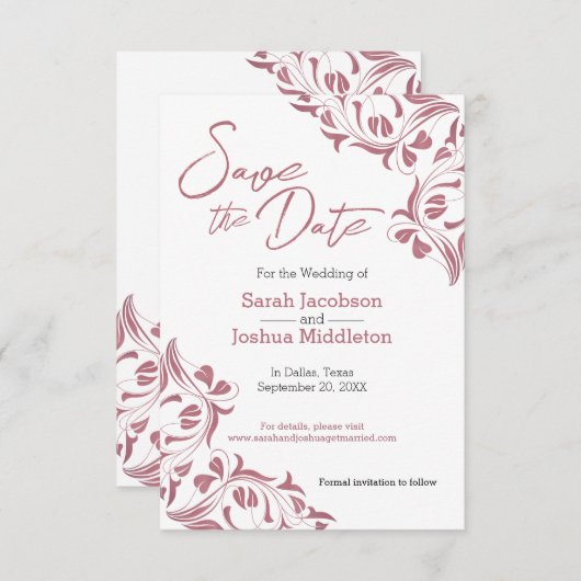 Moderne Roos Gold Floral bespaart de datum Save The Date (Voorkant / Achterkant)