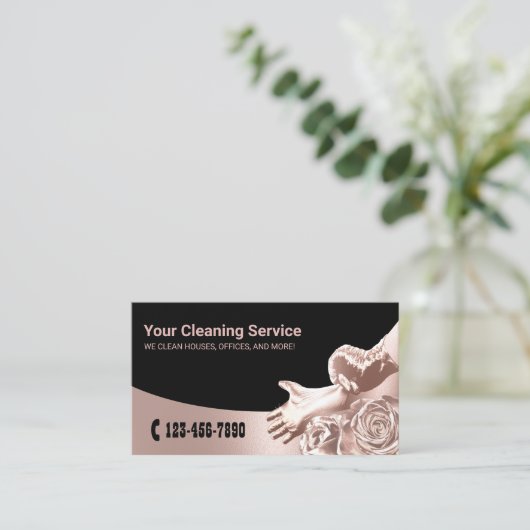 Moderne Roos Gold Floral House Cleaning Service Visitekaartje (Staand voorkant)