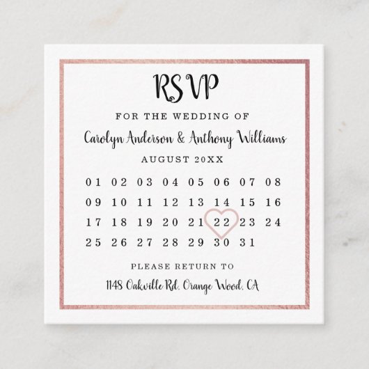 Moderne Roos Gold Foil Agenda RSVP Informatiekaartje (Voorkant)