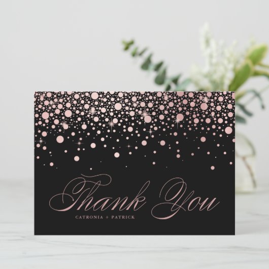 Moderne Roos Gold Foil Confetti druppelt zwart huw Bedankkaart (Staand voorkant)