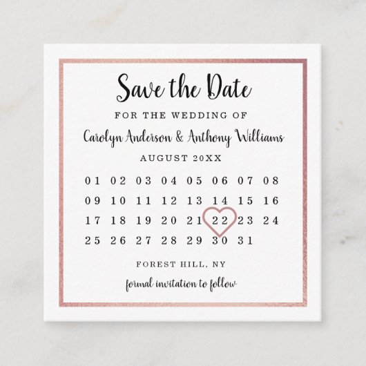 Moderne Roos Gold Foil-kalender bespaart de datum Informatiekaartje (Voorkant)