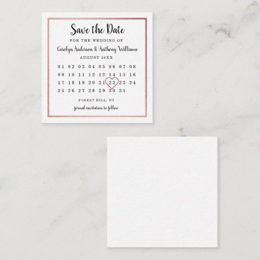 Moderne Roos Gold Foil-kalender bespaart de datum Informatiekaartje (Voorkant / Achterkant)