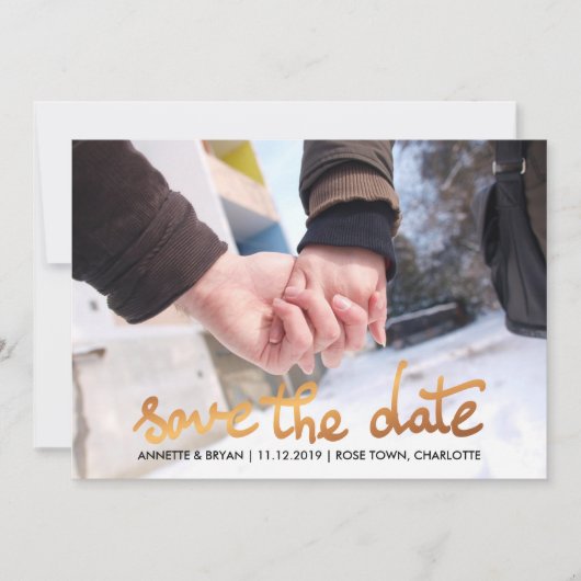 Moderne Roos Gold Foil Save the Date Script Floral (Voorkant)