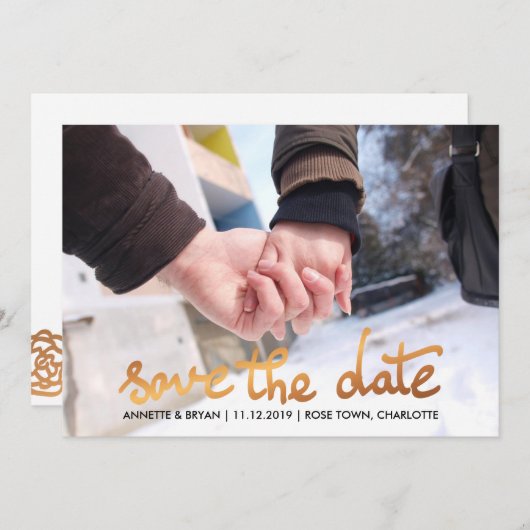 Moderne Roos Gold Foil Save the Date Script Floral (Voorkant / Achterkant)
