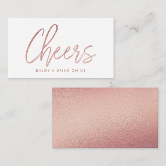 Moderne Roos Gold Foil Script "Cheers" Drink Ticke Informatiekaartje (Voorkant / Achterkant)
