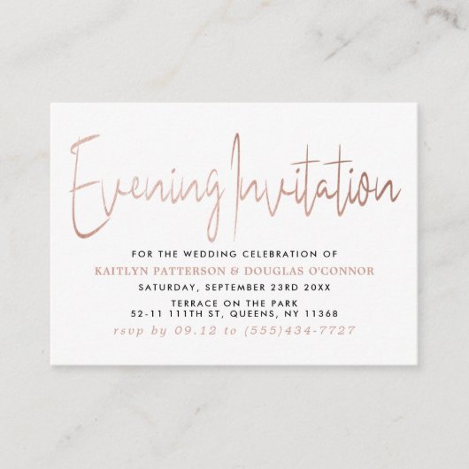Moderne Roos Gold Foil Script Evening Event Ticket Informatiekaartje (Voorkant)