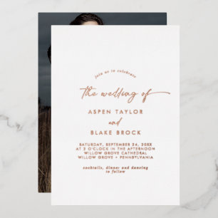 Moderne Roos Gold Foil Script Photo Wedding Folie Uitnodiging