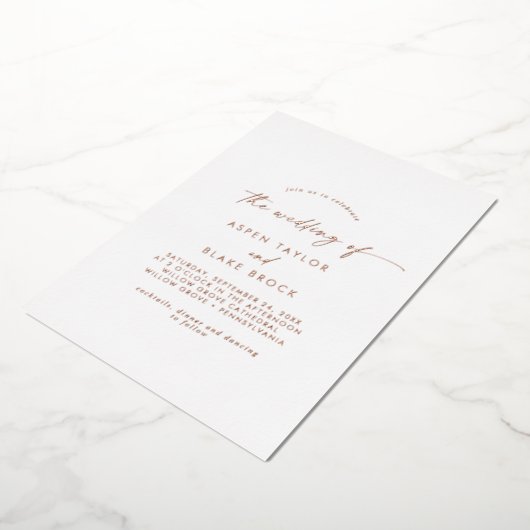Moderne Roos Gold Foil Script Photo Wedding Folie Uitnodiging (Gedraaid)