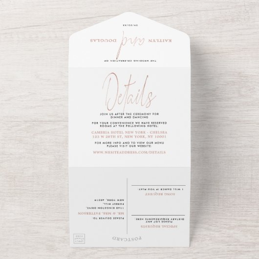 Moderne Roos Gold Foil Script Weddenschap All In One Uitnodiging (Buitenkant)