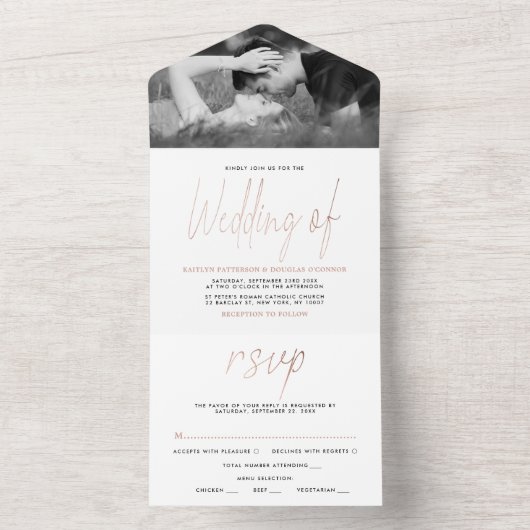 Moderne Roos Gold Foil Script Weddenschap All In One Uitnodiging (Binnen)