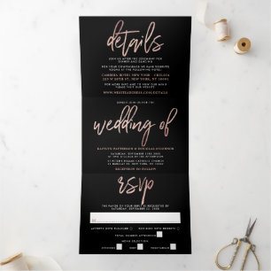 Moderne Roos Gold Foil Script Wedding Suite Drieluik Uitnodiging