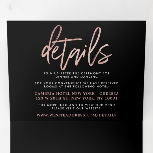 Moderne Roos Gold Foil Script Wedding Suite Drieluik Uitnodiging (Binnenzijde eerst)