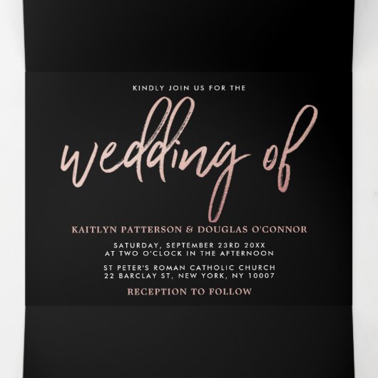 Moderne Roos Gold Foil Script Wedding Suite Drieluik Uitnodiging (Binnenkant midden)
