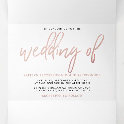Moderne Roos Gold Foil Script Wedding Suite Drieluik Uitnodiging (Binnenkant midden)