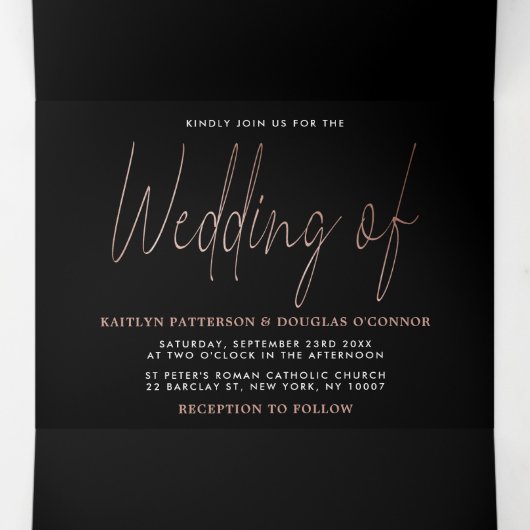 Moderne Roos Gold Foil Script Wedding Suite Drieluik Uitnodiging (Binnenkant midden)