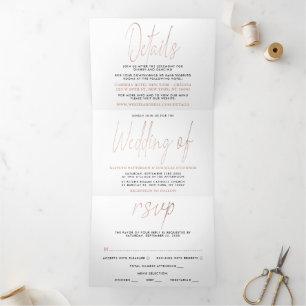Moderne Roos Gold Foil Script Wedding Suite Drieluik Uitnodiging
