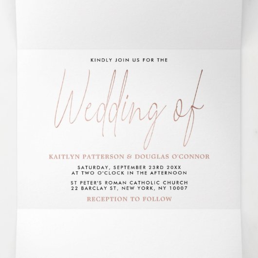 Moderne Roos Gold Foil Script Wedding Suite Drieluik Uitnodiging (Binnenkant midden)