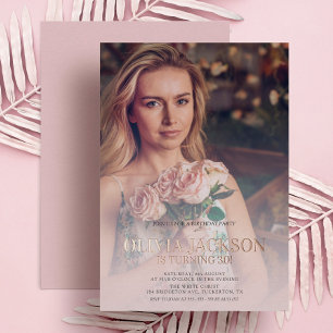 Moderne Roos Gold Foto Birthday Party Folie Uitnodiging