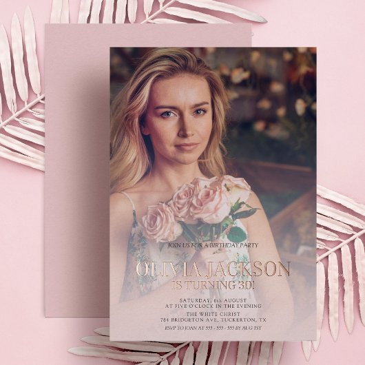 Moderne Roos Gold Foto Birthday Party Folie Uitnodiging