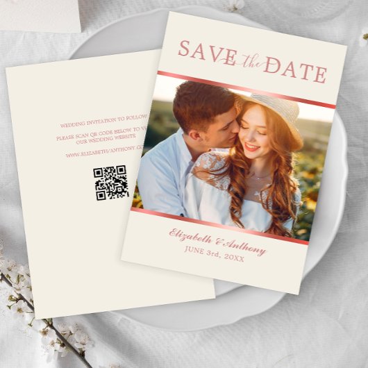 Moderne Roos Gold Foto QR Code Save the Date Kaart