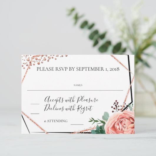 Moderne Roos Gold Geometric Wedding RSVP Kaart (Staand voorkant)