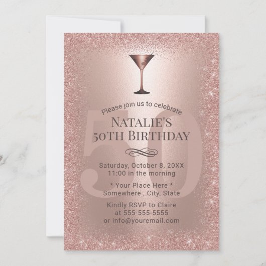 Moderne Roos Gold Glitter 50th Birthday Cocktail Kaart (Voorkant)
