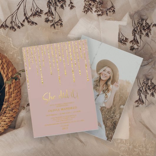 Moderne Roos Gold Glitter Afstudeerder Foto Kaart